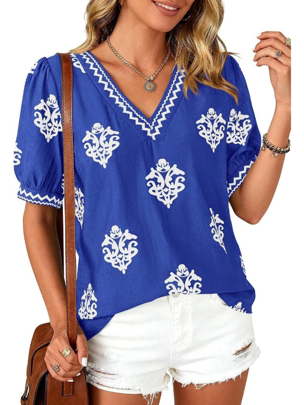 Women's Royal Blue White Flower Short Sleeves V Neck Boho Blouses Beach T Shirts